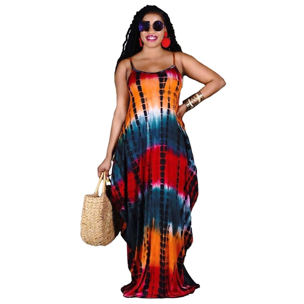CM.YAYA Women Tie Dye Print Maxi Beach Dress Sleevless Spaghetti Slim with Pocket Vintage Long Dresses Summer Vestidos 5 Colors