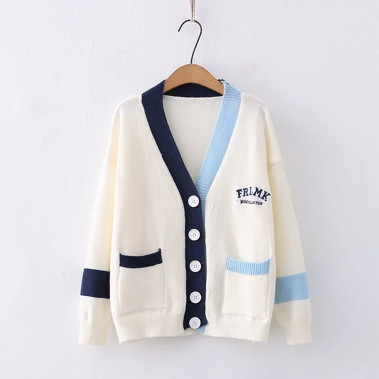 Colorblock Pocket V-neck Cardigan Sweater  - Modakawa Modakawa