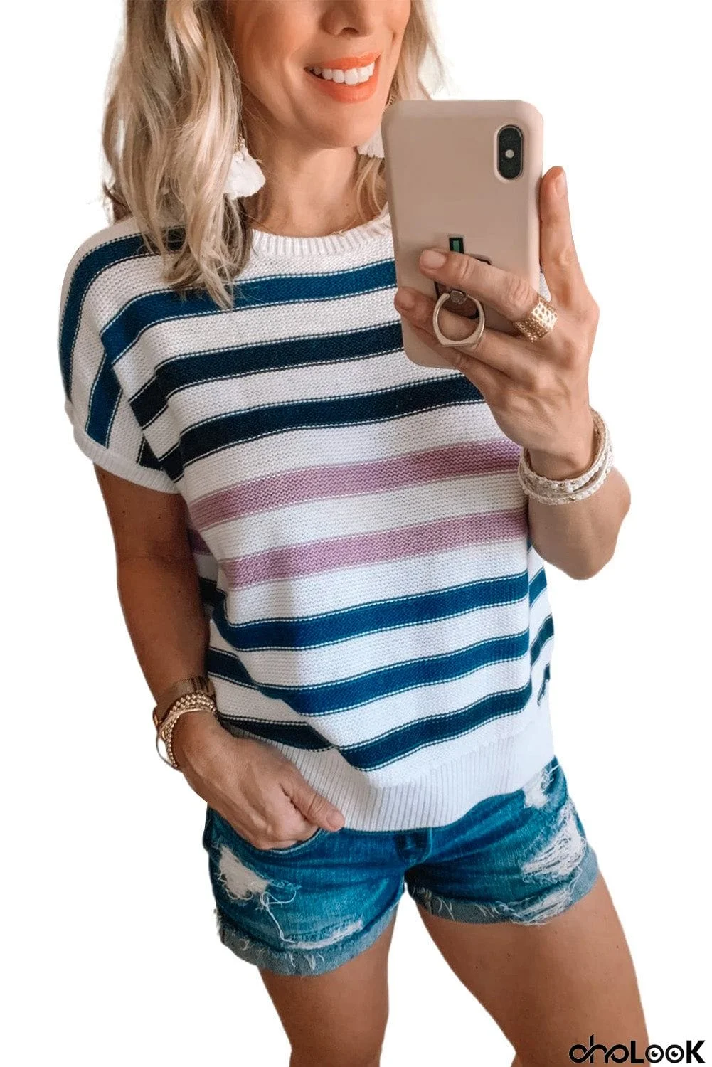 Short Sleeves Crew Neck Striped Knitted Top