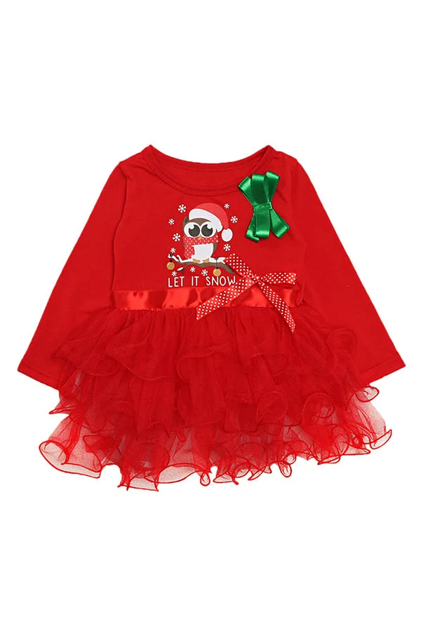 Crew Neck Long Sleeve Owl Print Lace Kids Girls Christmas Dress Red-elleschic