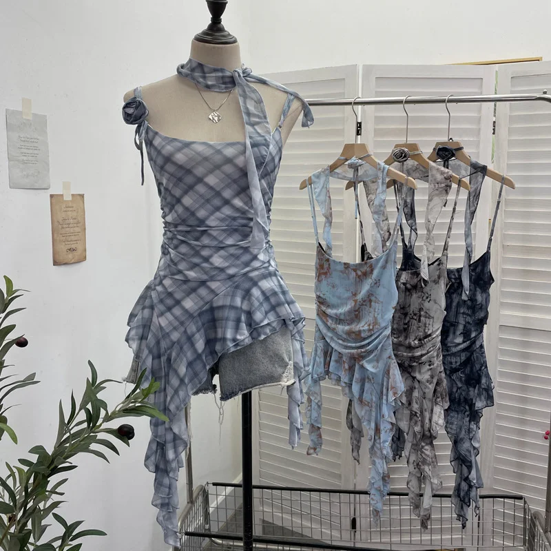 Uveng Real Shooting Retro Tie-Dye-Print Mesh Sling Sling Sling Vest Irregular Lotus Leaf Edge Ribbon Sleeveless Top 1185