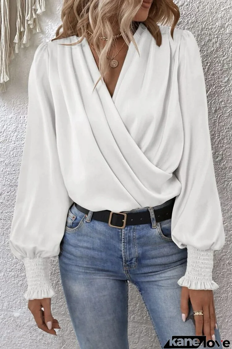 Elegant Solid Fold V Neck Tops