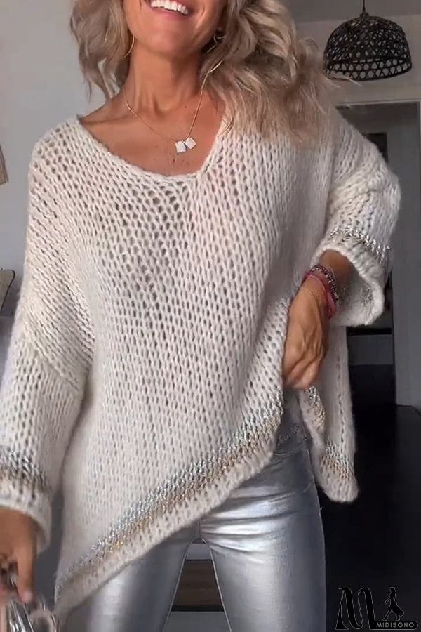 MidiSono - Autumn Treasure Knit Striped Trim Hollow Out Loose Pullover Sweater