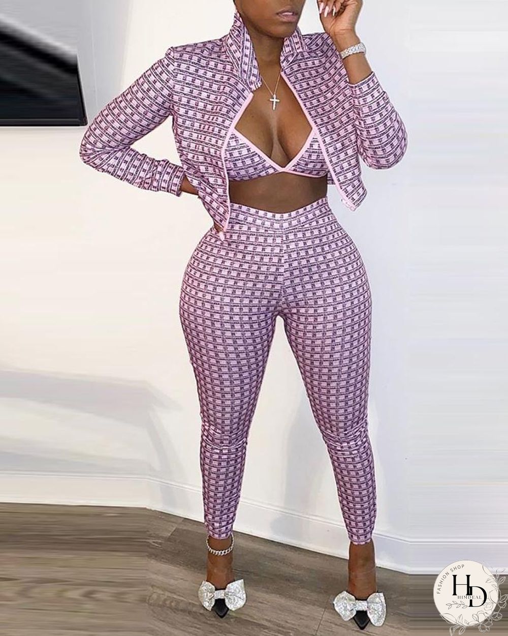 Colorblock Bra & Long Sleeve Coat & Skinny Pants Set P10922