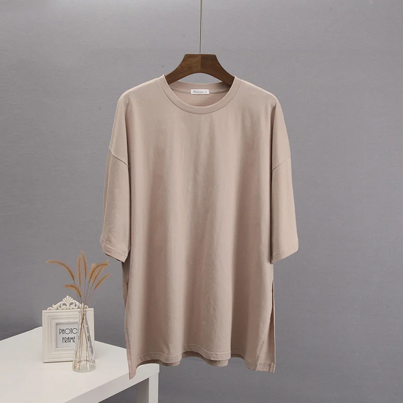 Athvotar Athvotar Loose Open Fork Cotton Short-Sleeved T-Shirt Women Comfortable Round Neck Solid Color T Hot Sale