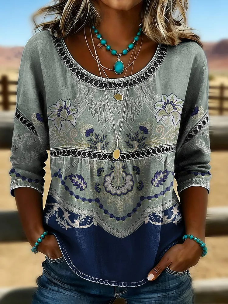 Women's Vintage Floral Print Casual Hollow Denim Shirt
