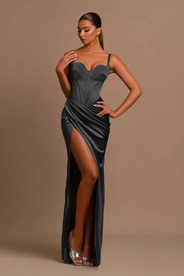 Hidais Stunning Sliver Sweetheart Spaghetti Strap Pleated Long Prom Dress with Split