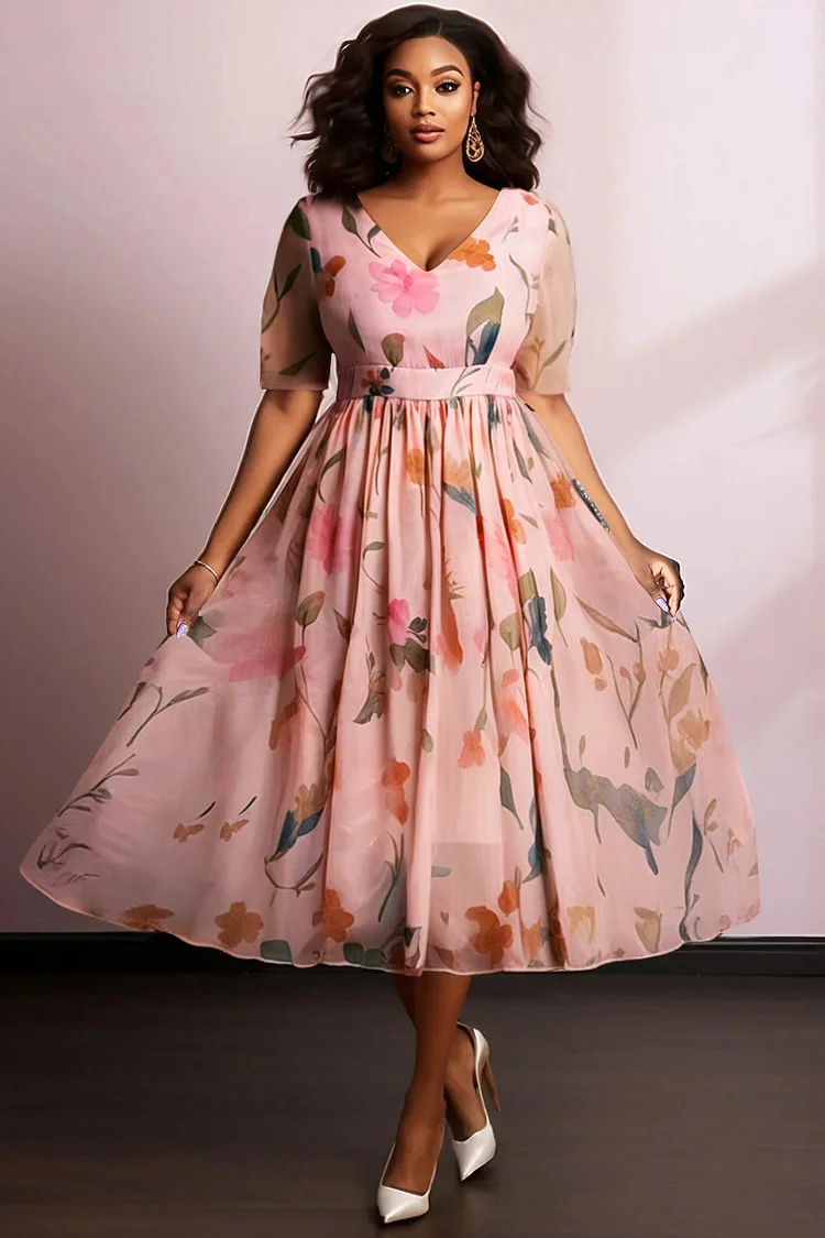 Xpluswear Design Plus Size Vacation Elegant Pink Floral V Neck Short Sleeve Chiffon Midi Dresses [Pre-Order] 2024 - Xpluswear