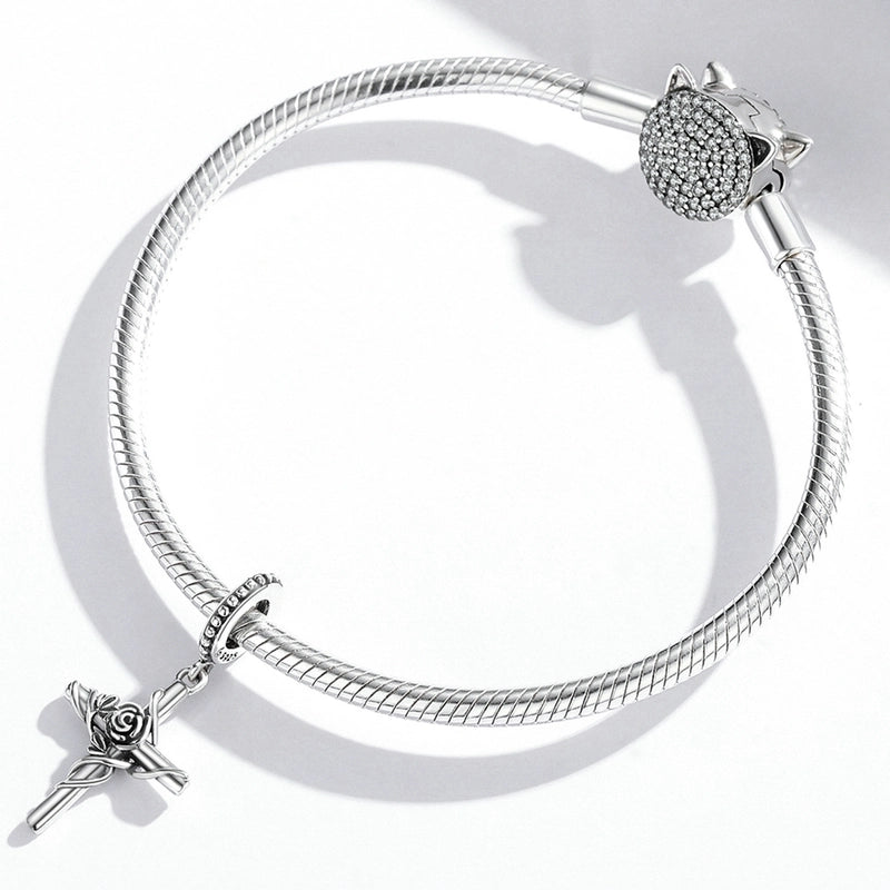 Aifule Fashion Popular S925 Sterling Silver Rose Cross Pendant Bracelet DIY Simple Flower Beads3