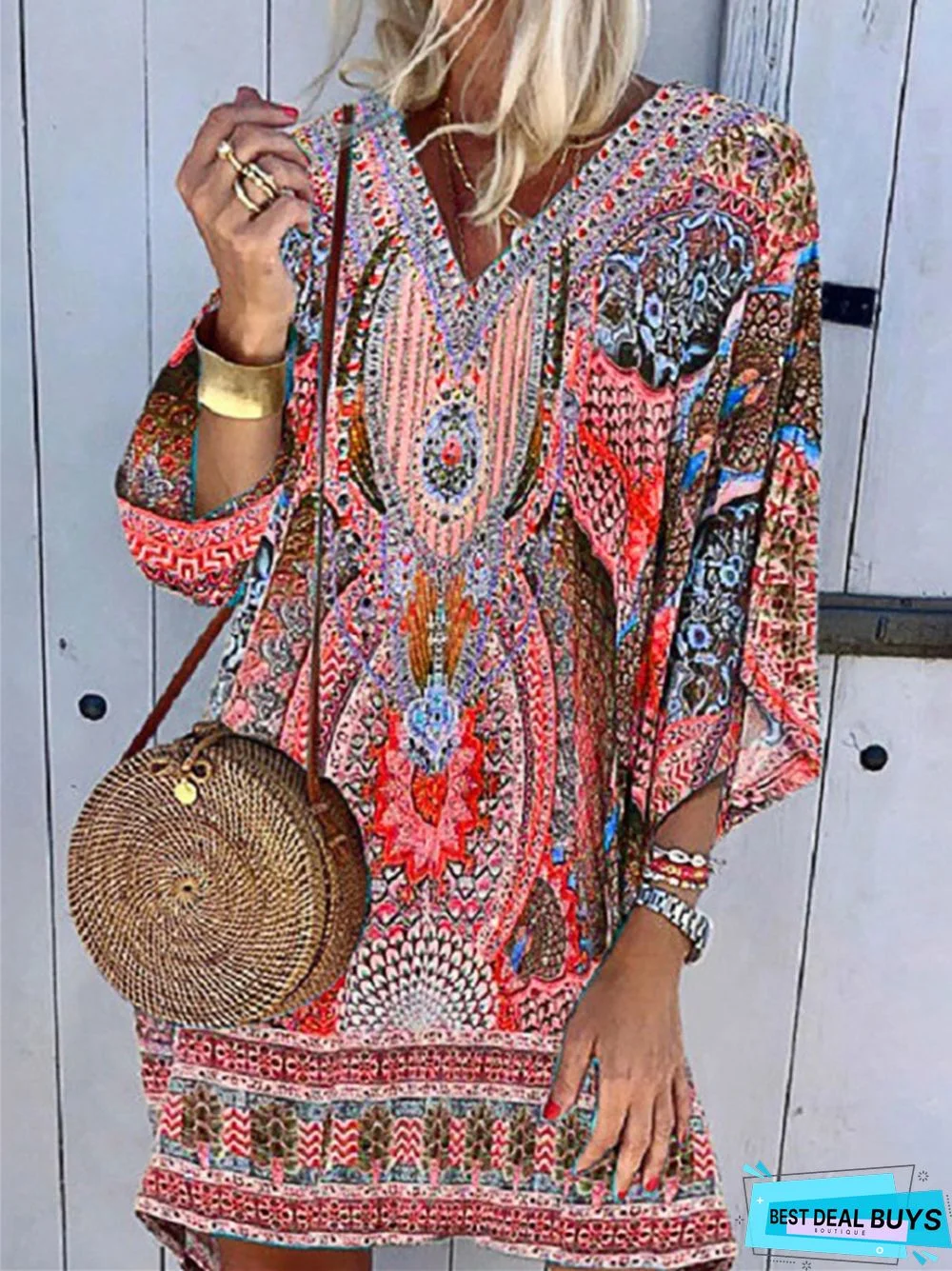 Bohemian V-Neck Long Sleeve Printed Casual Dress