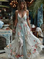 Women's Vintage Floral Art V-neck Casual Sleeveless Maxi Dress