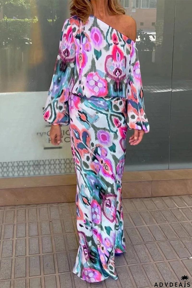 Sexy Floral Asymmetrical Oblique Collar Long Sleeve Two Pieces