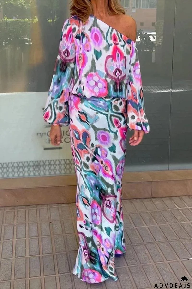 Sexy Floral Asymmetrical Oblique Collar Long Sleeve Two Pieces