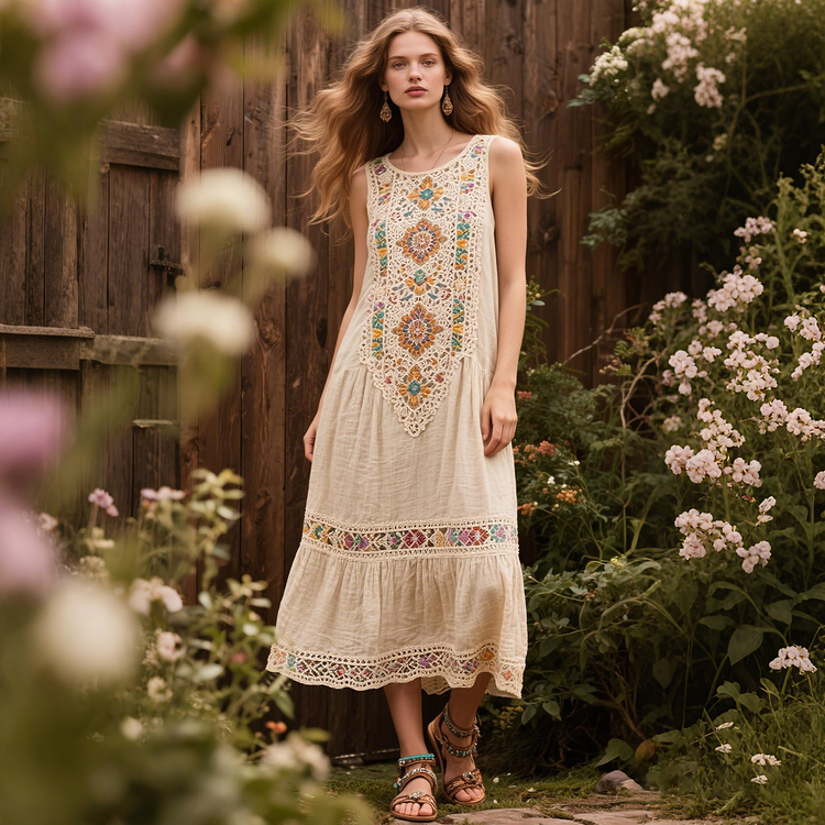 Utbros Vintage Tribal Ethnic Floral Lace Panel Linen Dress