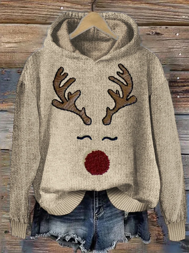 Comstylish Lovely Christmas Reindeer Face Embroidery Cozy Knit Hoodie