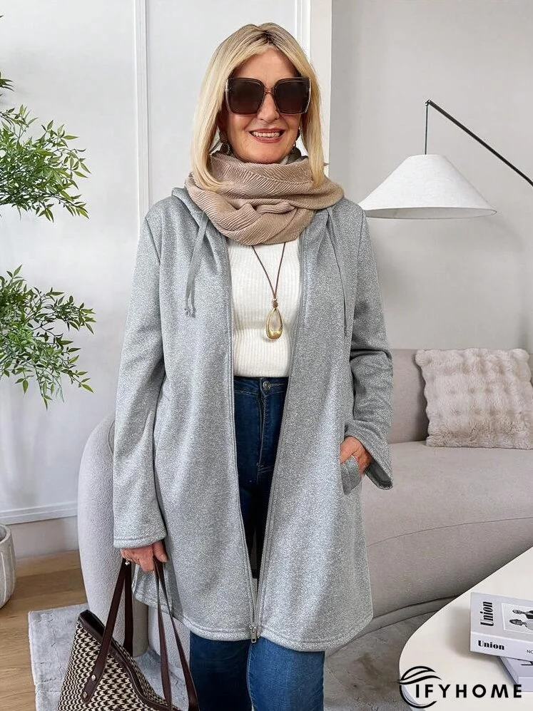 Women's Plain Pocket Hooded Zip-Up Long Sleeve Jacket | IFYHOME