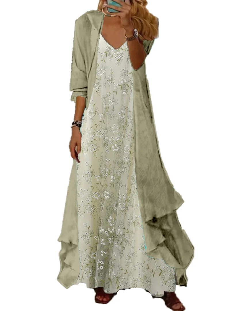 Women's Long Sleeve V-neck Floral Printed Two Pieces Maxi Dress