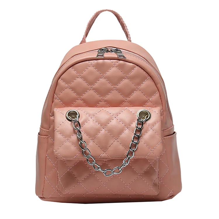 Fashion Rhombus Backpack Leather Women Student Shoulder School Bag (Pink)