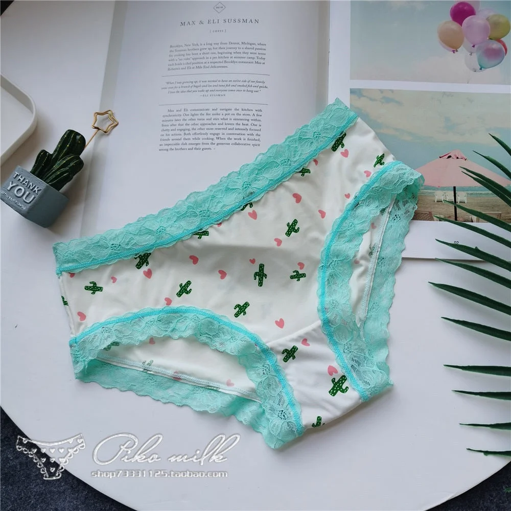 European Style Sexy Underwear Women's Ice Silk Printing Panties Fashion Lace Briefs Ladies Low Waist Underpants Female Lingerie