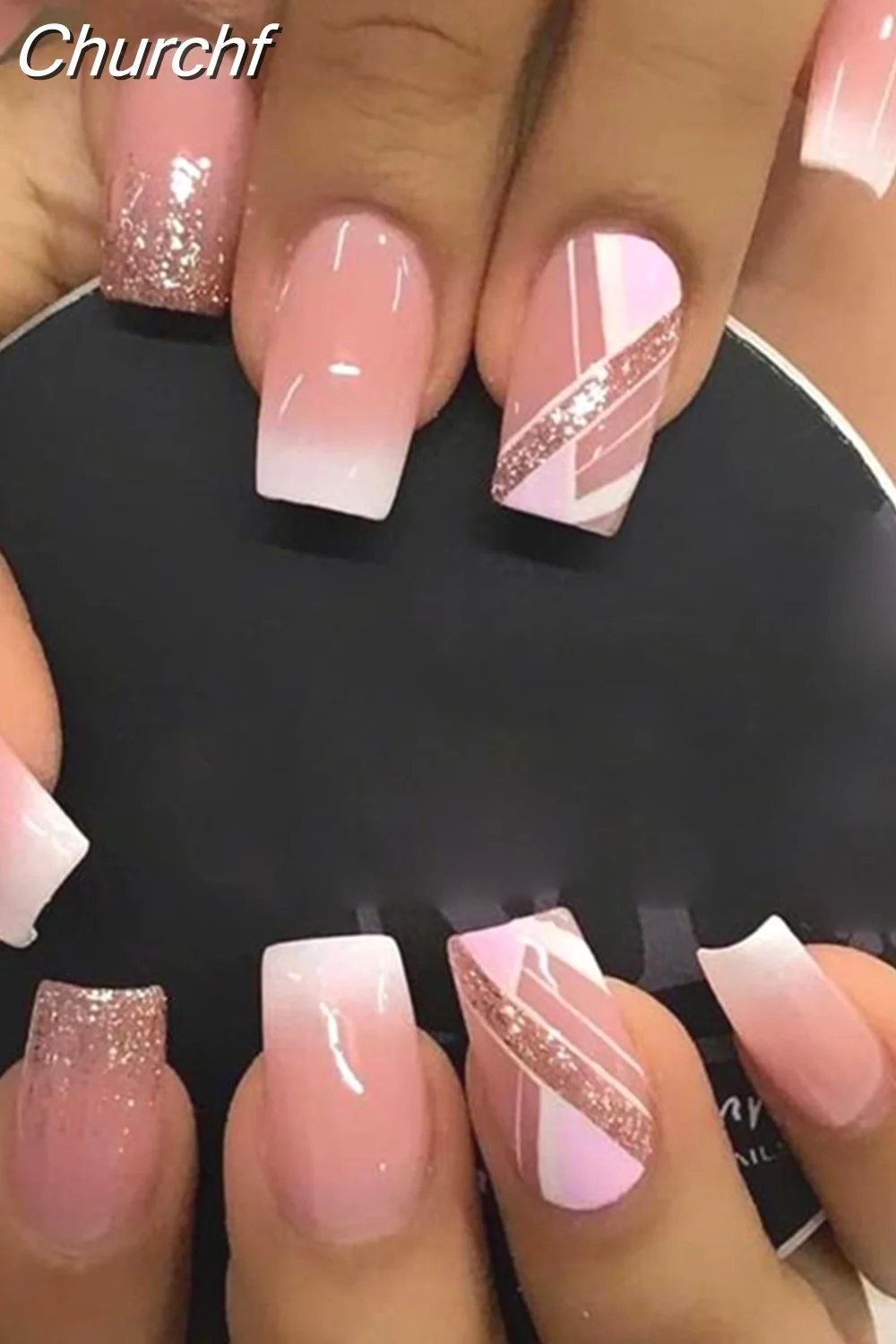 Churchf Wave Line Short Ballet French False Nails With Flower design Square Head Fake Nail Tips Simple Wearable Press On Nails-Nail Inspo