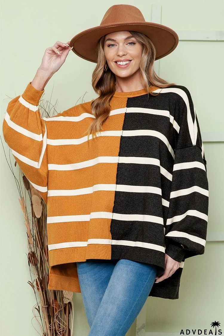 Striped Dropped Shoulder Round Neck Blouse