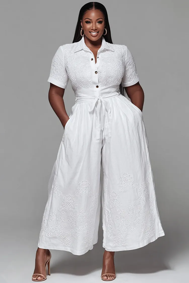 Xpluswear Design Plus Size Daily White Shirt Collar Short Sleeve Pocket Wide Leg Jumpsuits [Pre-Order] 2024 - Xpluswear