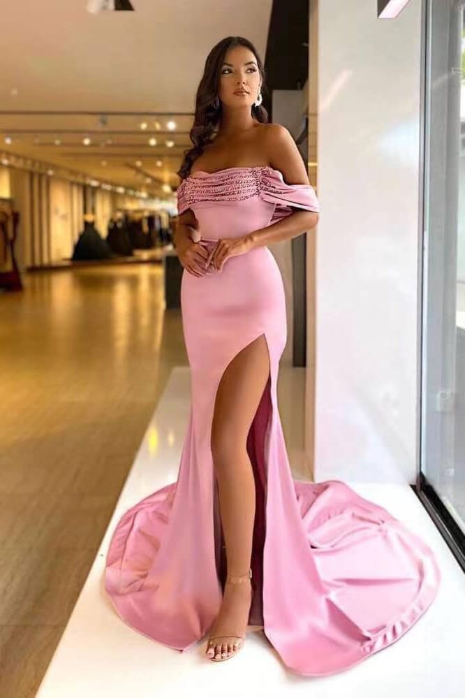 Off-The-Shoulder Beads Mermaid Pink Purple Prom Dress Long Split | Ballbellas Ballbellas