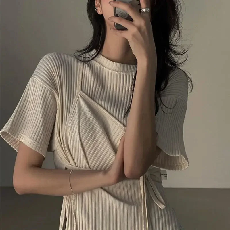 Tlbang Summer Korean Fashion Bandage Split Side Long T-shirt Dress Women -neck Casual Y2k Sexy Asymmetrical Tee Dresses Vestido