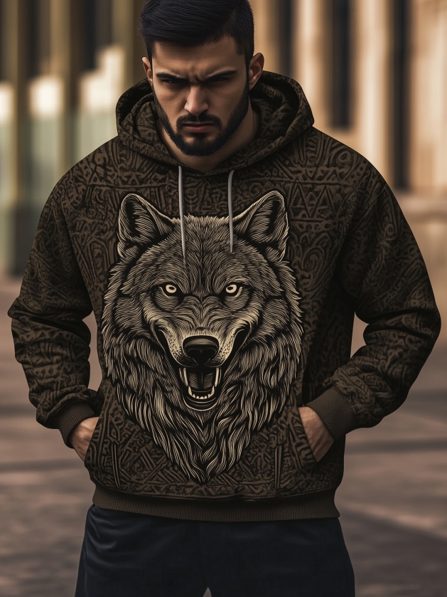 Men's Vintage Geometry Pattern Wolf Print Casual Hoodie