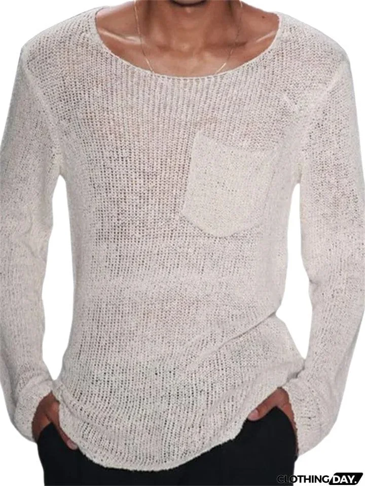 Male Spring Round Neck Long Sleeve Pocket Knitted Sweater