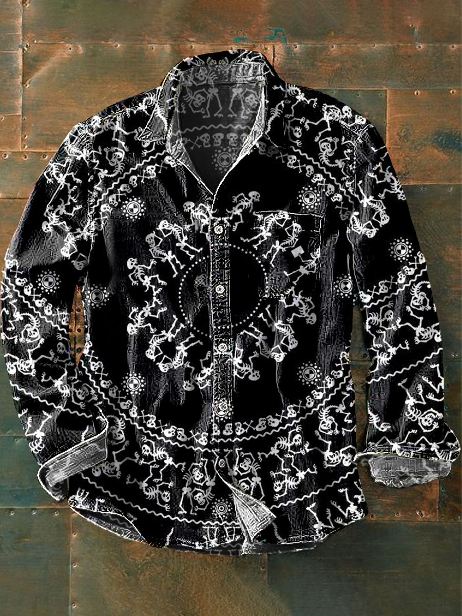 Men's Vintage Ethnic Skull Dance Art Print Long Sleeve Pocket Shirt