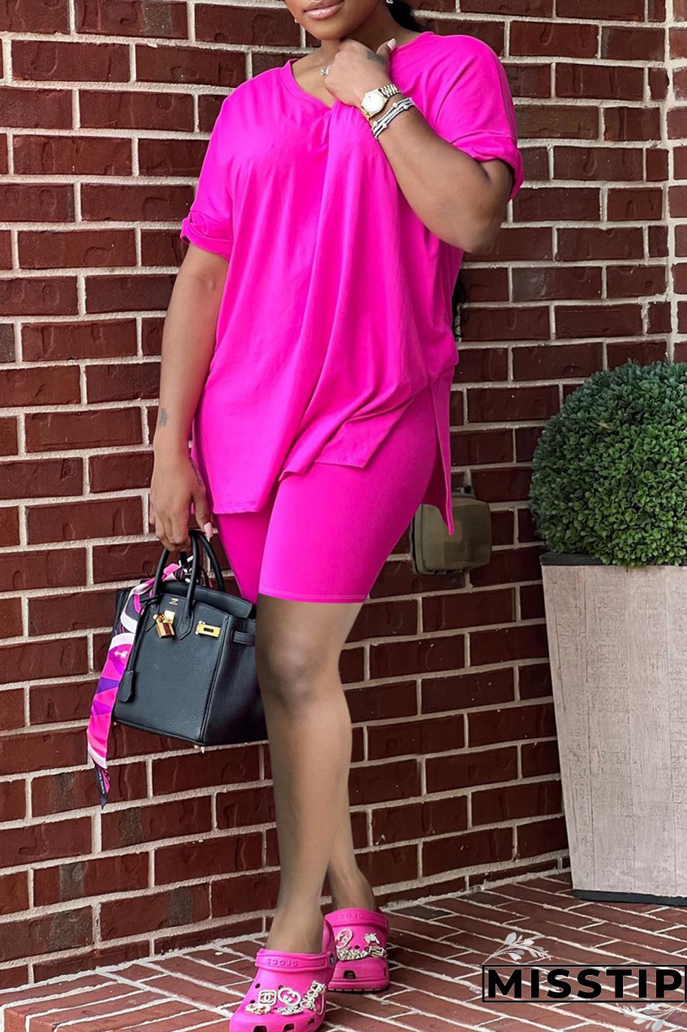 Rose Red Fashion Casual Solid Slit V Neck Short Sleeve Two Pieces