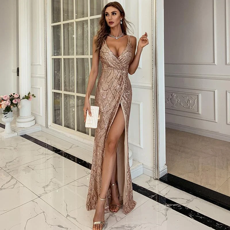 Women's Dress V-neck Sleeveless Sequin Striped Slit Maxi Suspender Dress