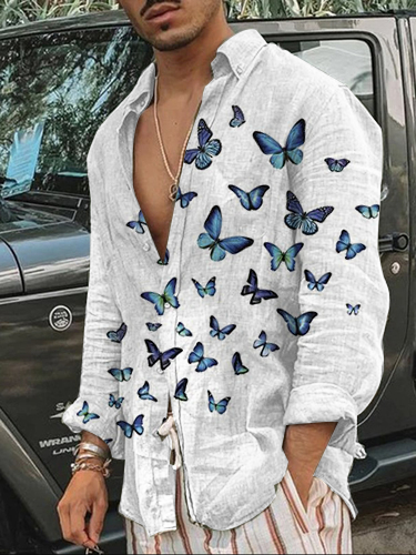 Men's Butterfly Print Casual Loose Long Sleeve Shirt