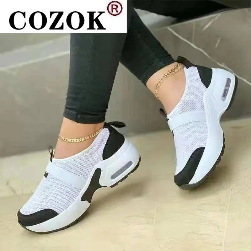 Women's Casual Shoes Solid Color Knitted Mesh Air Cushion Sneakers Comfortable and Lightweight Outdoor Non-slip Running Shoes