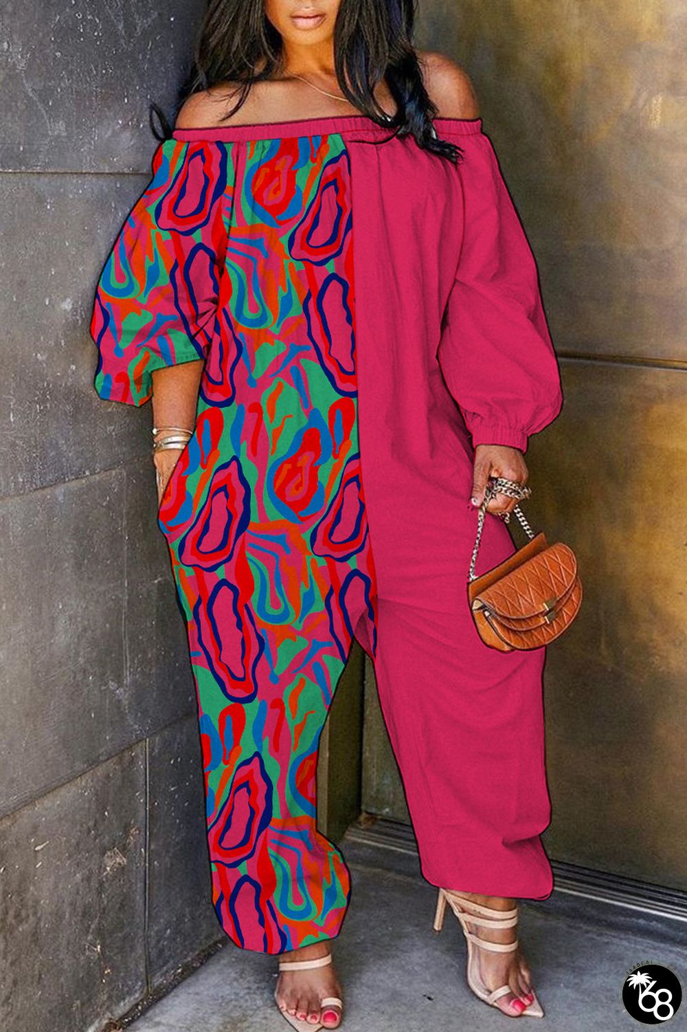 Casual Print Patchwork Off the Shoulder Regular Jumpsuits | 168DEAL