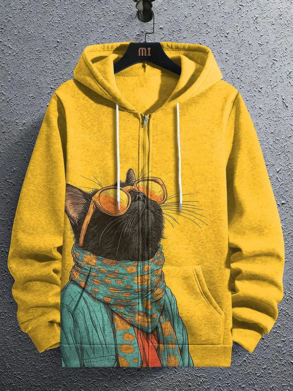 Men's Sunshine Scarf Sunglasses Black Cat Print Hooded Zip Up Jacket