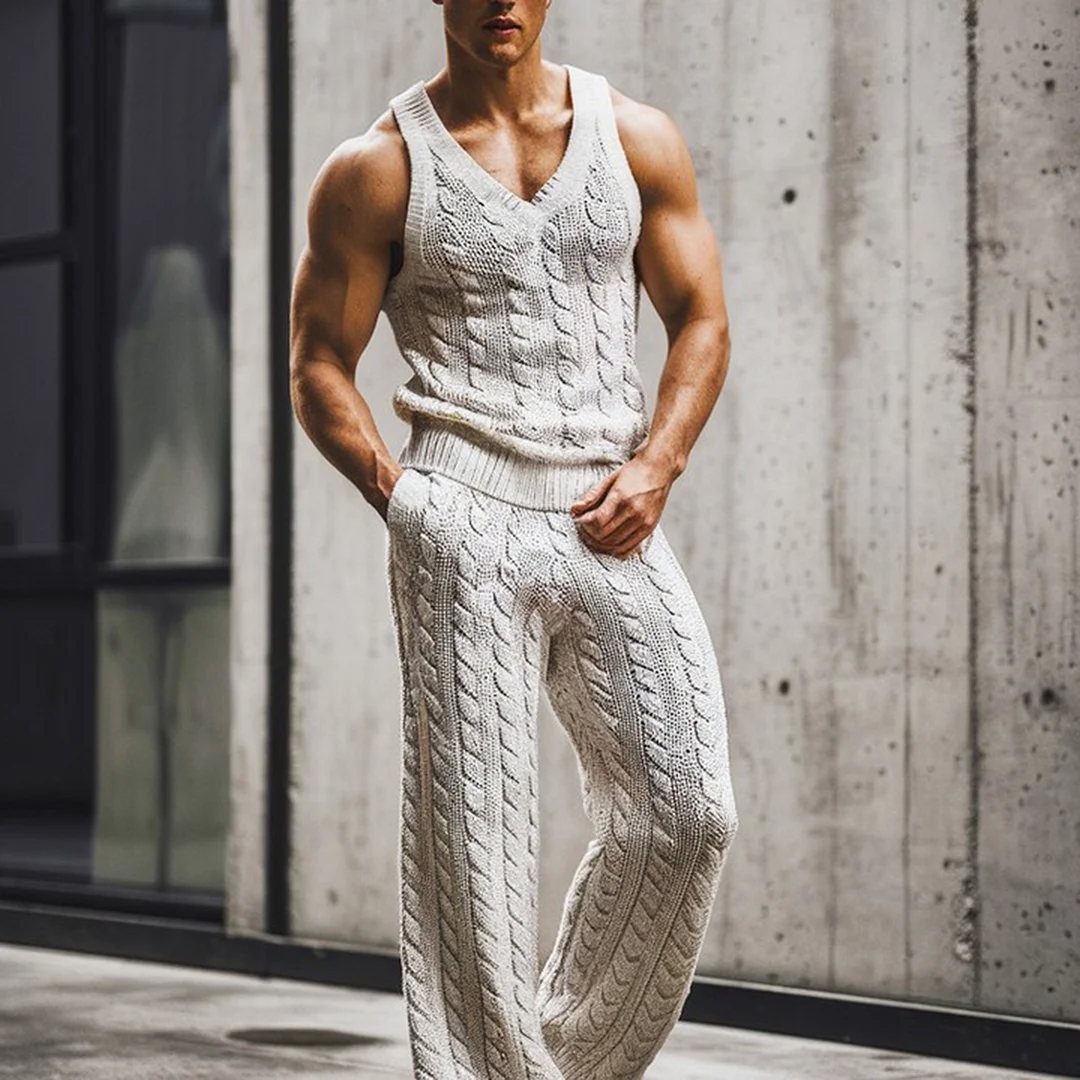 Men's Knitted Sleeveless V-neck Suit-inspireuse