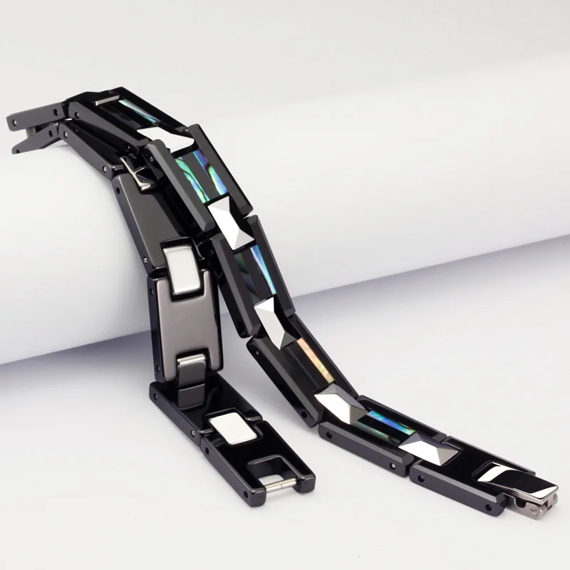 Women's Or Men's Unisex Personalised Tungsten Carbide 205mm Long Hologram Energy Bracelet with Natural Shell Inlay Fashion Link Chain Jewelry Gifts For Mens And Womens