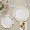 10 Pack | 8" White / Gold Geometric Design Plastic Dessert Plates, Disposable Octagon Salad/Appetizer Party Plates