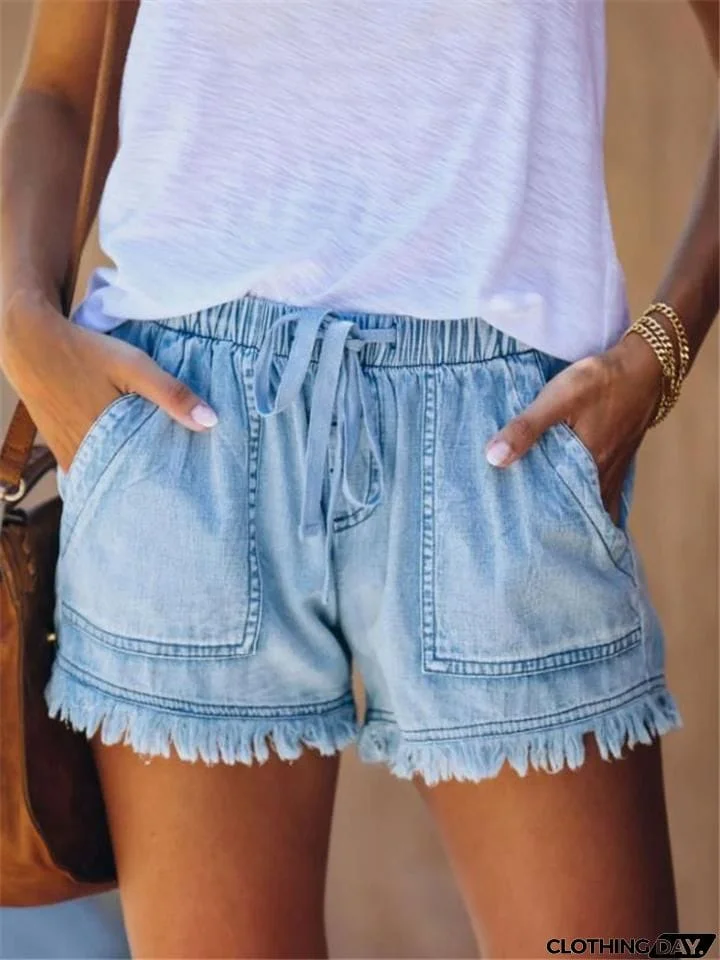 Trendy Elastic Waist Frayed Hem Drawstring Pocket Shorts