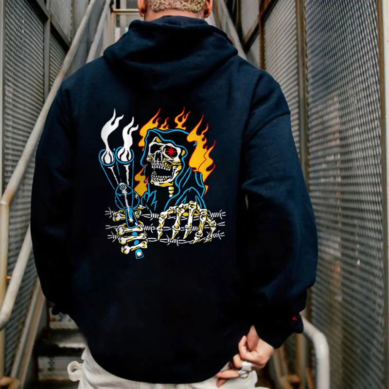 Burning Bound Skeleton Holding Torch Casual Black Print Hoodie