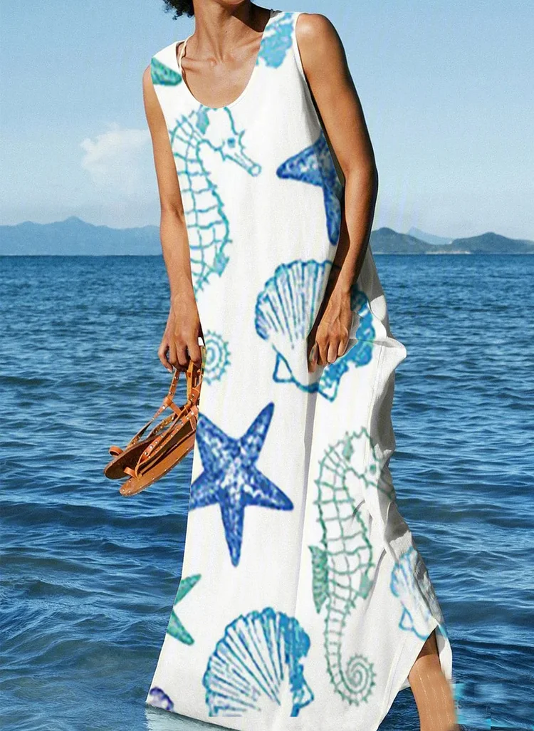 Women's Sea Turtle Print Sleeveless Beach Dress