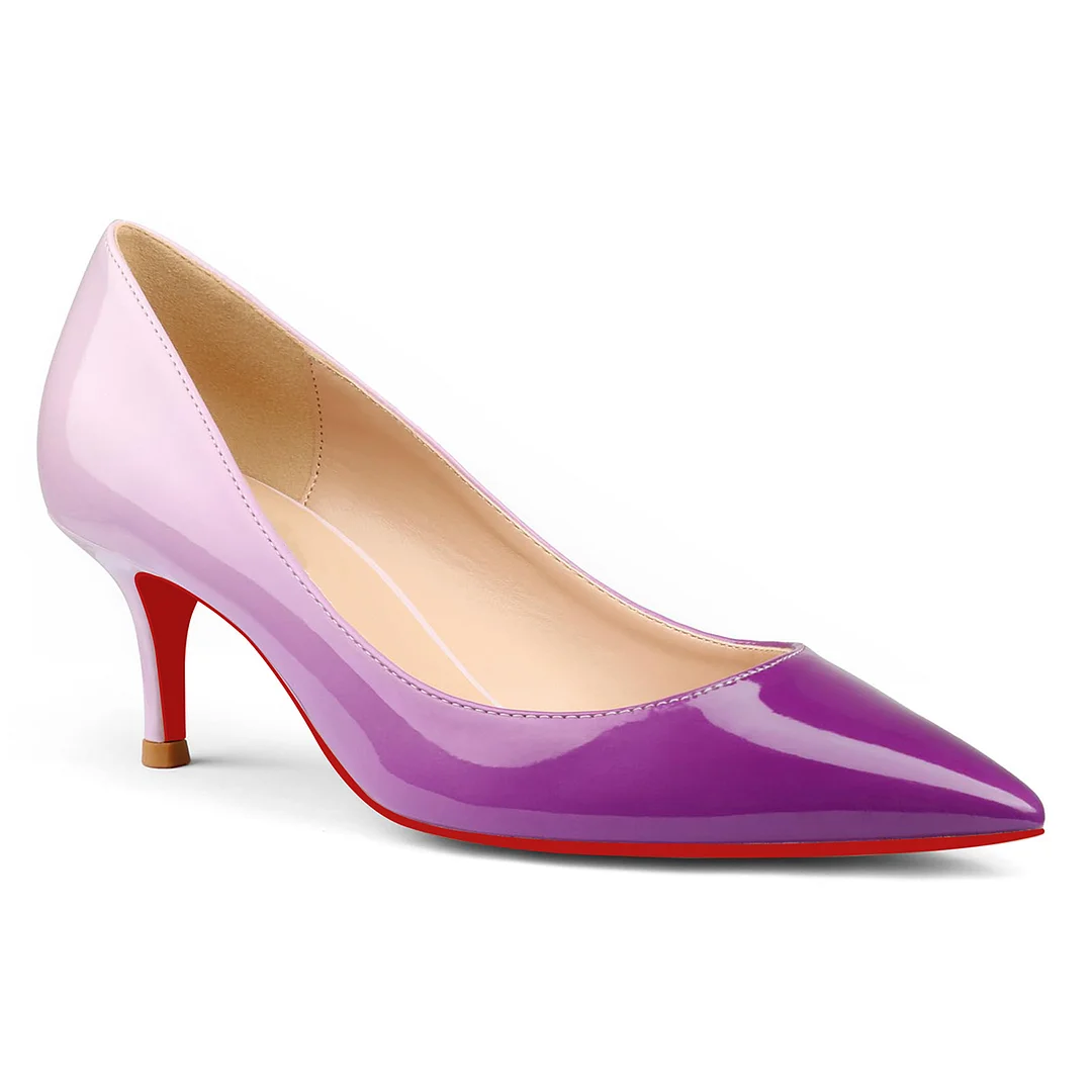 60mm Pointed Toe Red Bottom Kitten Heels Daily Gradient Colors Patent Pumps for Women-MERUMOTE