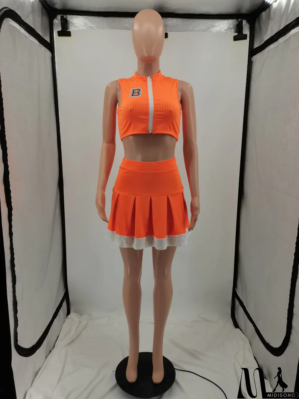 MidiSono - Casual Letter Print Sleeveless Zip Top Splice Pleated Skirt 2 Piece Set