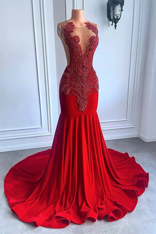 chinese dress ladies Sexy Red Applique Rosette Mermaid Prom Dresses