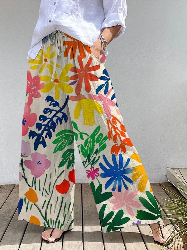 Women's Summer Flowers Painting Matisse Style Art Print Elastic Waist Pocket Pants