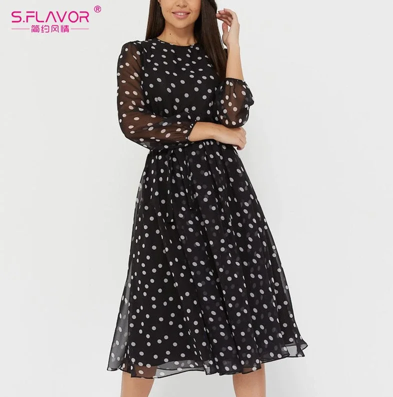 Jangj S.FLAVOR Vintage Dot Printing Women Chiffon Dresses Autumn Fashion Casual Dress Boho Beach Women Retro A-line Sundress