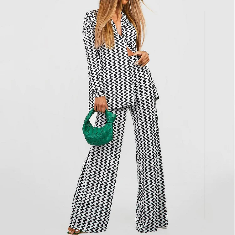 Fashion Wave Print Shirt Two Piece Set