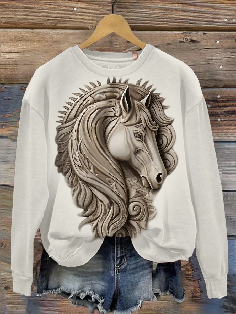 Retro Horse Art Print Casual Round Neck Sweatshirt